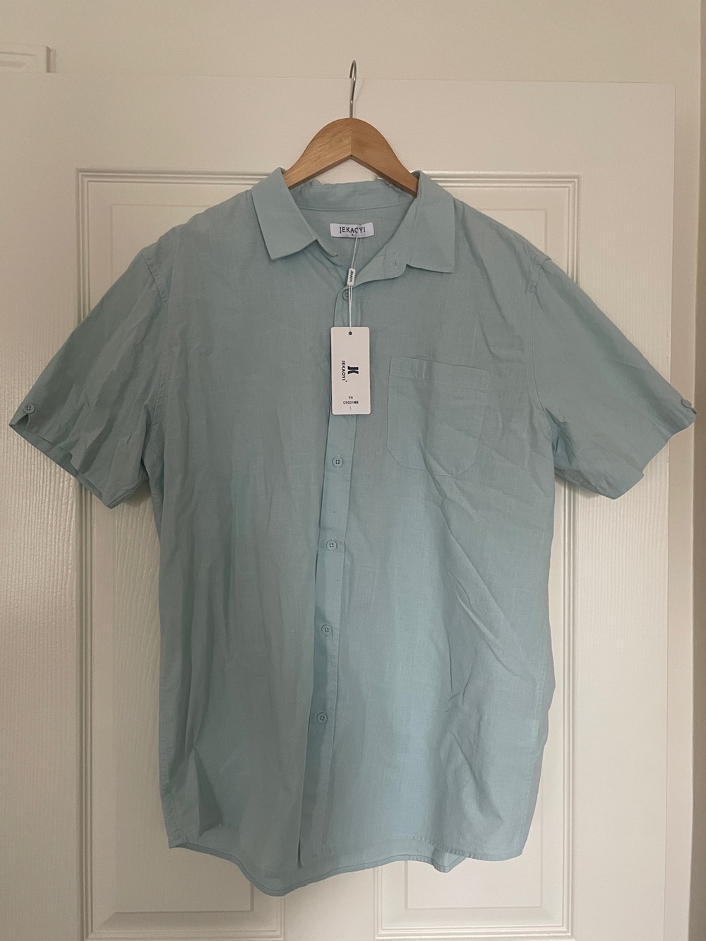 🩵 JEKAOYI Men's Short Sleeve Button-Up Shirt in Light Blue 🩵